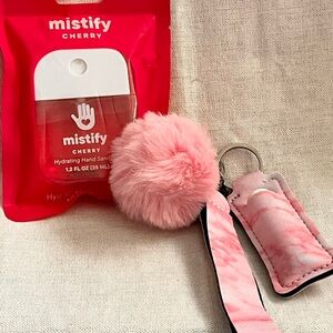 Women’s Pink Pom Pom Safety Keychain with Lip Balm and Mistify Cherry Sanitizer